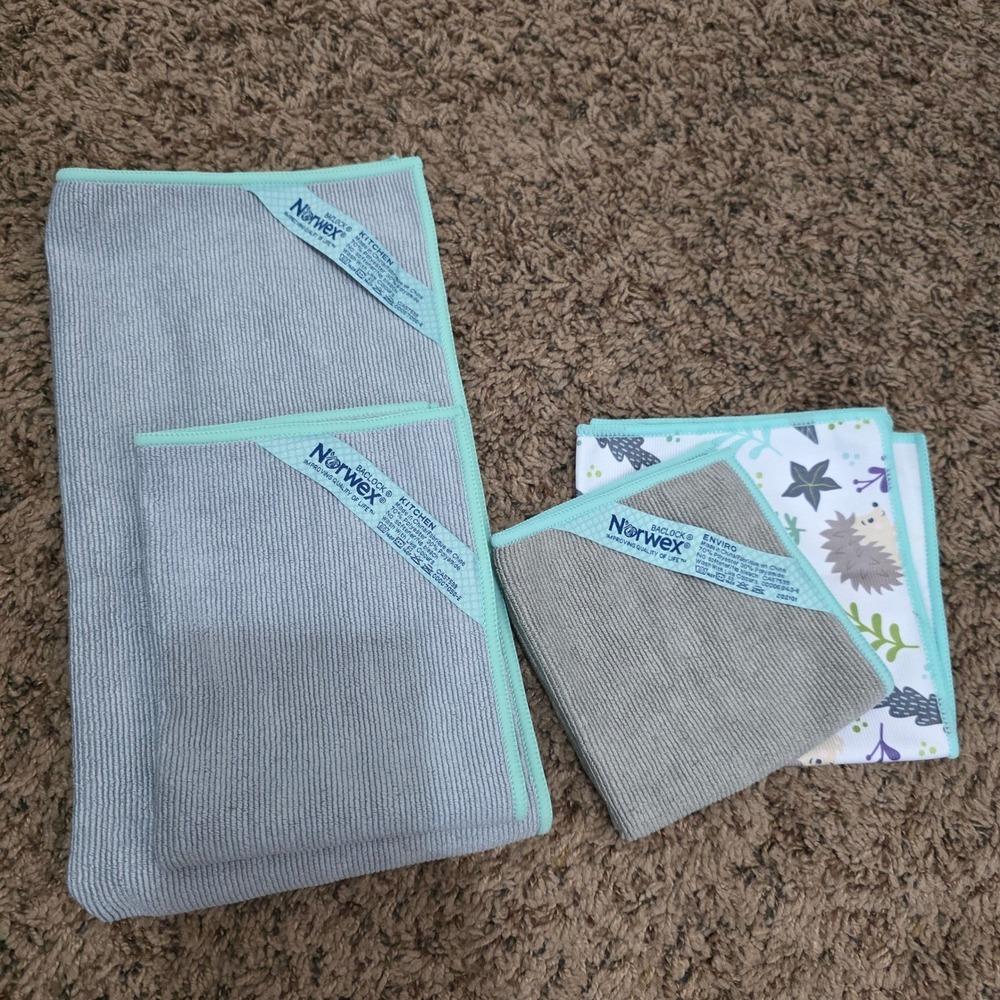 Norwex 4pc Set Hedgehog Window Cloth EnviroCloth Ribbed Kitchen Towel Mint Gray